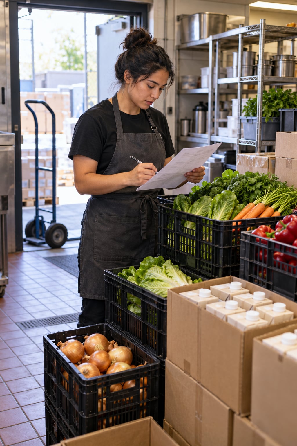 Kitchen employee checking a delivery sheet against food cases and produce crates