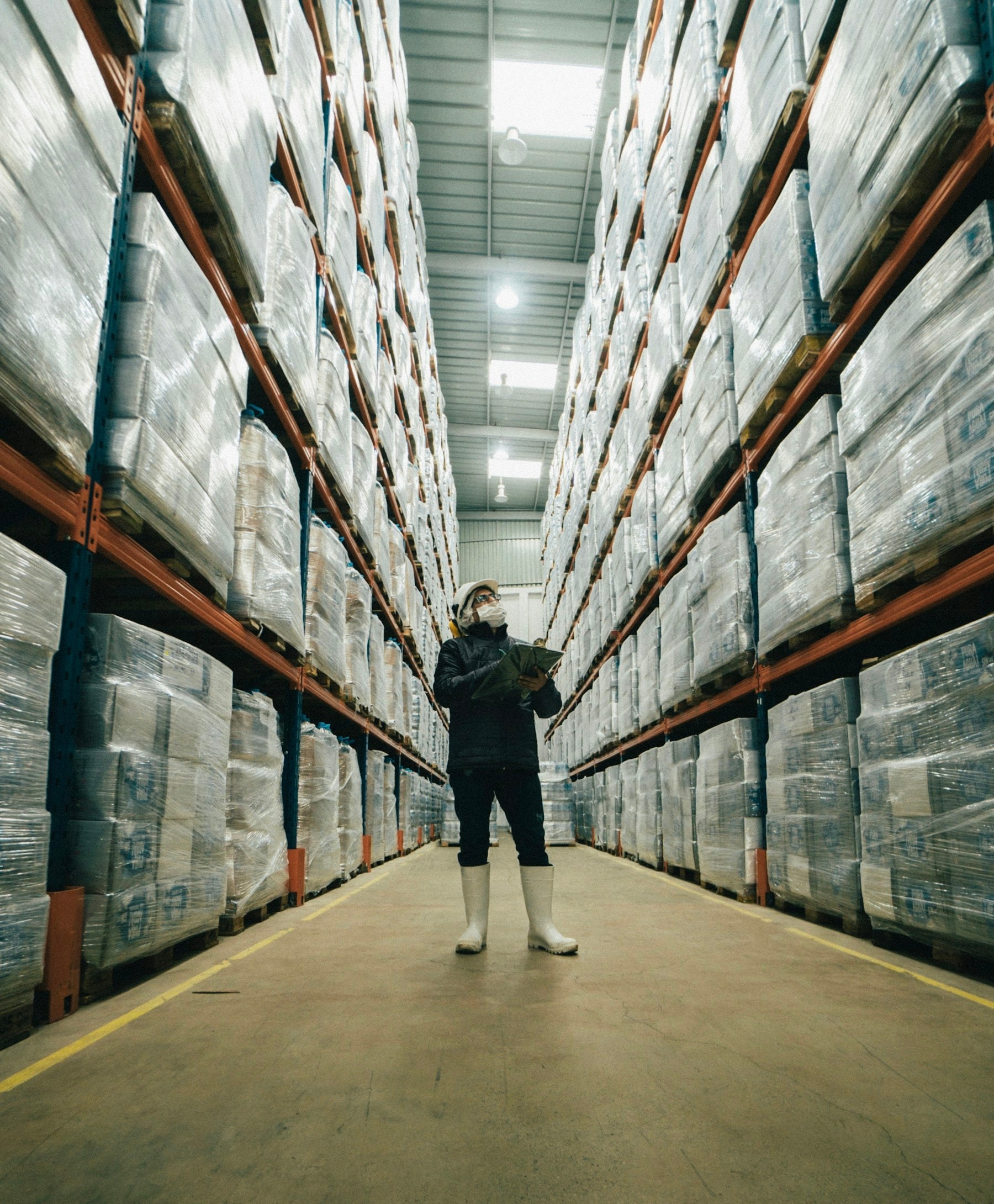 Stockroom operator checking goods between warehouse shelving