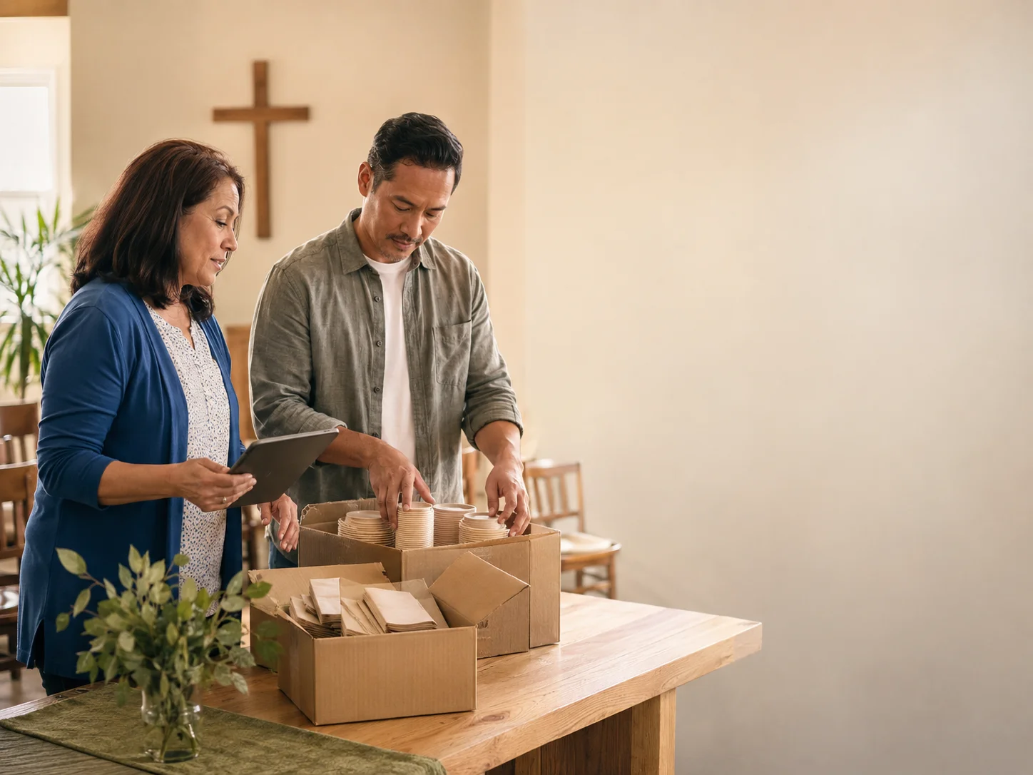 Church volunteers checking supplies for a community gathering