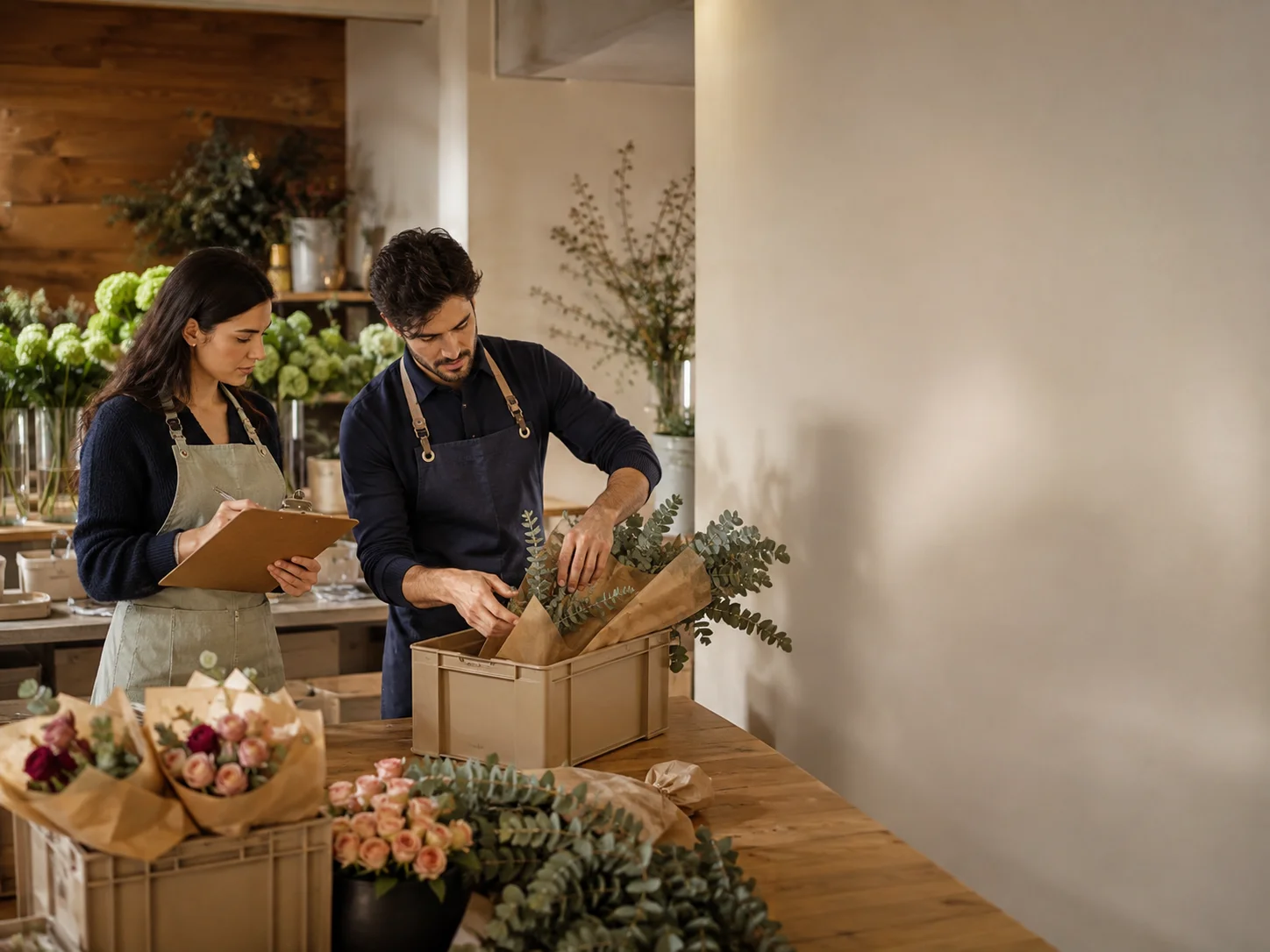Florists preparing stems and greenery for branch fulfillment