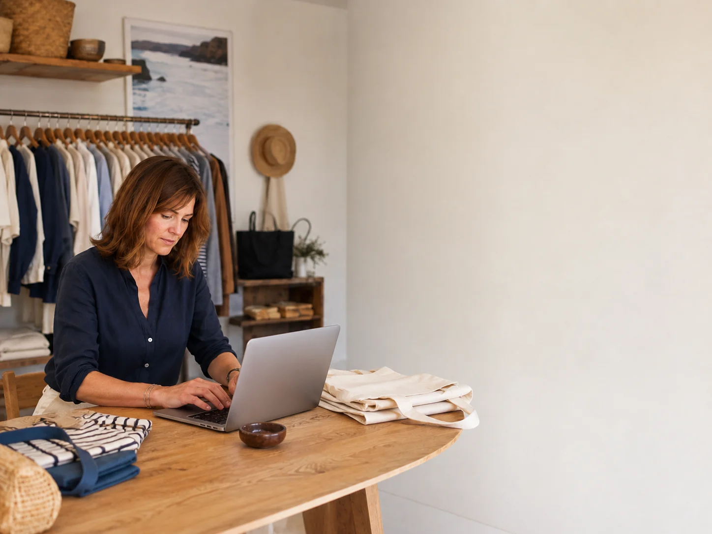 Retail buyer reviewing a supplier update for canvas tote inventory